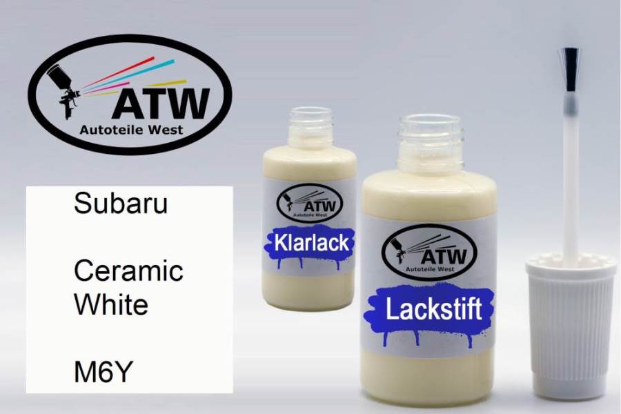 Subaru, Ceramic White, M6Y: 20ml Lackstift + 20ml Klarlack - Set, von ATW Autoteile West.